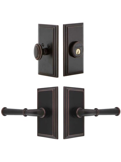 Grandeur Carre Entry Door Set, Keyed Alike with Georgetown Levers Left Handed in Timeless Bronze.
